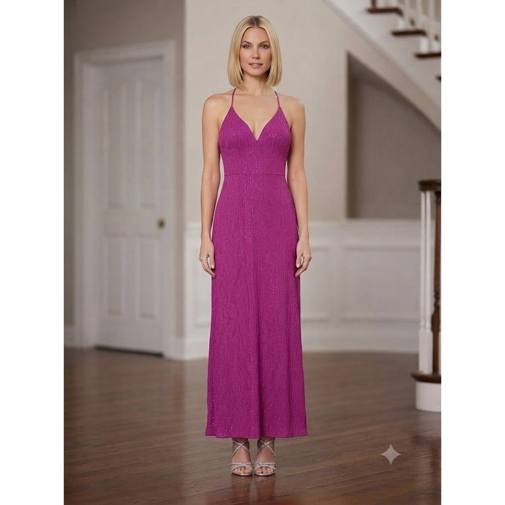 City‎ Triangles Y2K Magenta Pink Glitter Stripe V-Neck Maxi Formal Dress Size 7